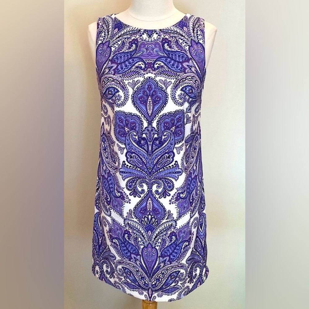 AGB Purple White Paisley Print 6 Classy Modern Boho Chic Corporate Casual Dress - Picture 1 of 9